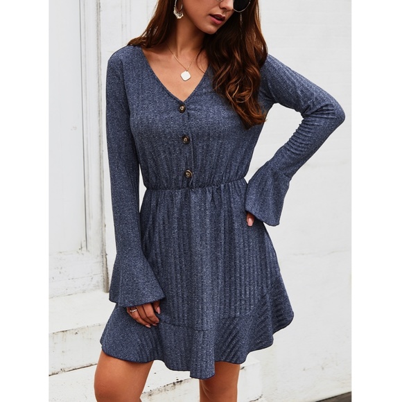 Rouge! Dresses & Skirts - Rib Knit V Neck Navy Short Dress Long Sleeve